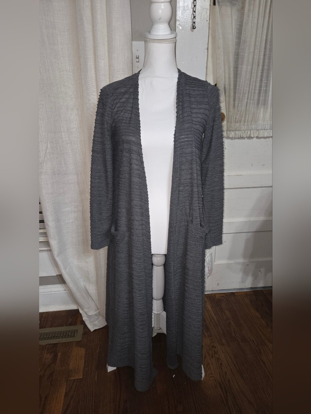 Long Open-Front Gray Ribbed Women's Sweater Cardigan
